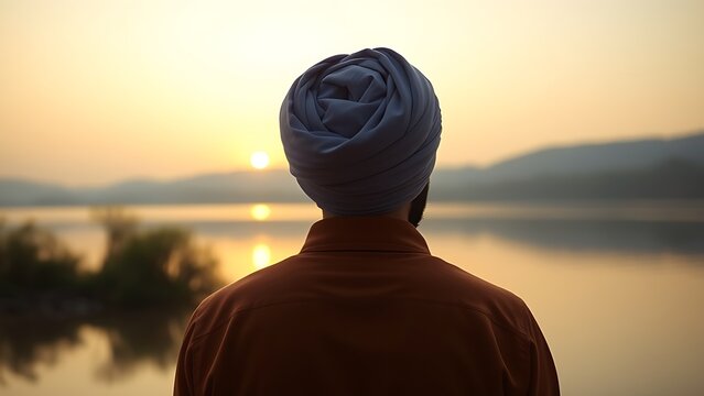 Back view of person wearing Sikh turban by tranquil lake, spirituality and tradition concept