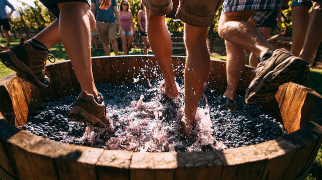 Fun Summer Grape Stomping in Vineyard: Traditional Winemaking & Harvest Festival Celebration