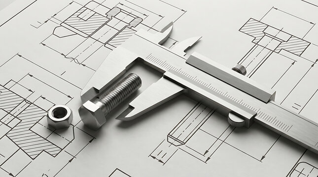Vernier caliper measuring a metal bolt and nut on top of technical drawing blueprint