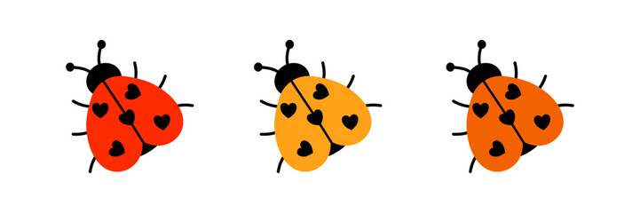 Cute ladybug collection in flat vector style. Colorful ladybugs insects with heart shaped spots on white background. Romantic bugs with hearts. © Nataliia Vyshnytska