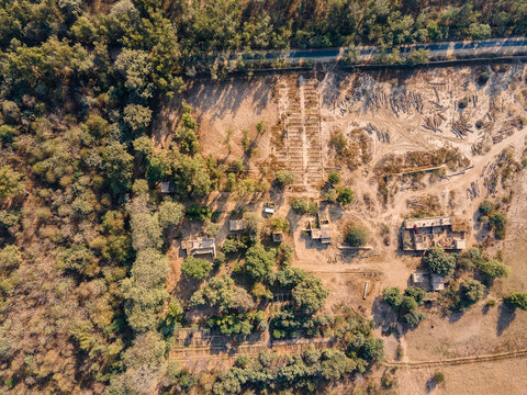 Aerial view of Dalwaryam Plantation featuring rows of trees, rural buildings, and dirt paths in the agricultural landscape of Chak 96, Punjab, Pakistan.