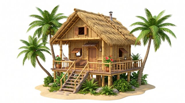 3d cartoon tropical bamboo hut on a sandy island with palm trees and thatched roof, isolated on white background