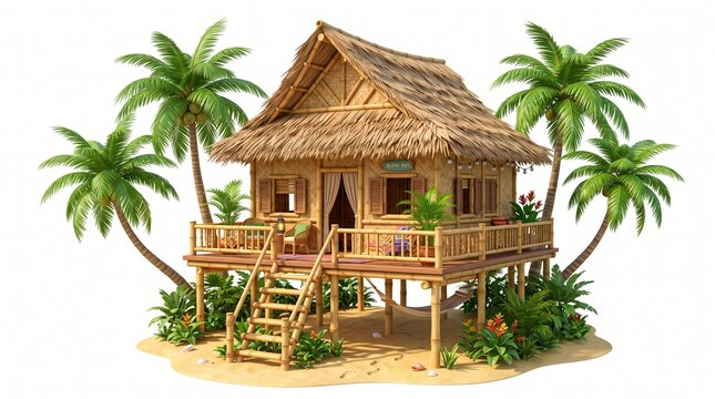 3d cartoon tropical bamboo beach hut with thatched roof, palm trees, and hammock on a sandy beach isolated on white background