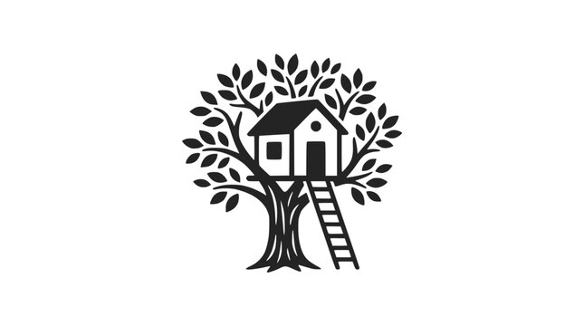 Minimalist treehouse vector illustration with ladder on white background