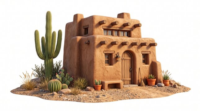 3d cartoon traditional southwestern pueblo style adobe house featuring wooden door and vigas, surrounded by saguaro cactus, barrel cacti, and desert plants, isolated on white background