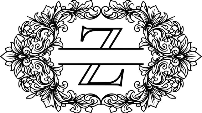 Ornate split monogram letter Z with vintage floral border frame