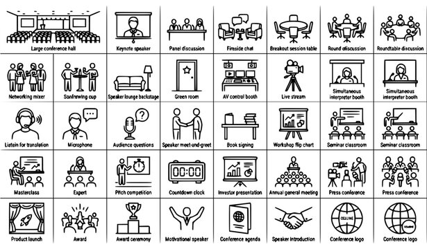 Business conference speaking outline icons | Keynote panel seminar workshop corporate event editable stroke linear pack on white