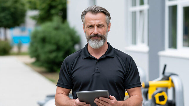 A handsome outdoor program coordinator uses a digital tablet beside training equipment in bright natural light, digital technology, fitness tracking, data management, smart training, tablet