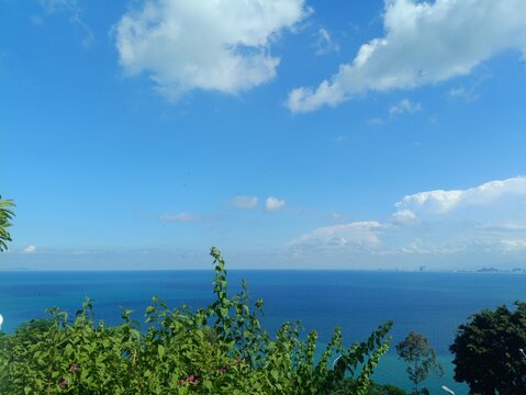 Blue ocean and sky view with green leaves from Danang Vietnam