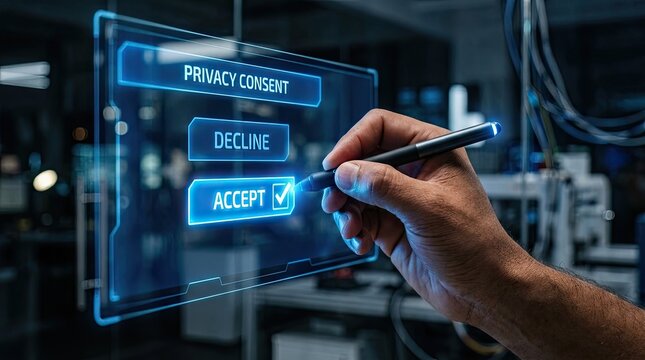 Hand accepting digital privacy consent on futuristic interface with stylus. Data protection and cyber security
