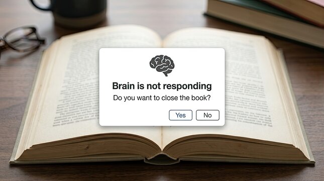 Humorous illustration: Brain not responding pop-up message over an open book