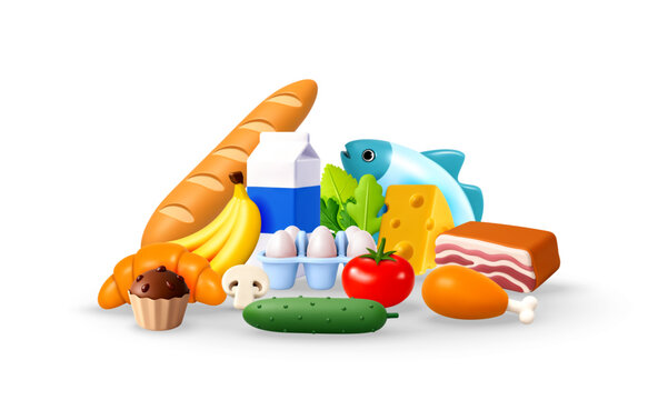 Assorted grocery products in 3d style illustration. Fresh healthy food collection including bread, milk, egg, fruit and vegetable. Organic nutrition concept for supermarket background.