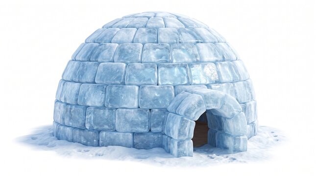 3d cartoon an igloo made of ice blocks on a snowy surface, isolated on a white background