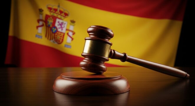 Spanish legal system concept with judge's gavel and national flag background
