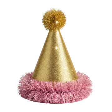 Conical party hat made of metallic gold glitter with a pink fuzzy tinsel trim against a plain white background, festive celebration atmosphere