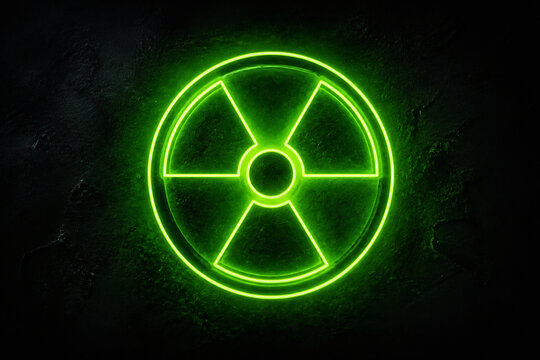 A glowing neon green radiation symbol is displayed against a dark, textured background.