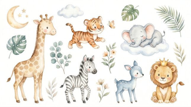 Watercolor illustration set featuring adorable baby jungle animals with botanical leaves, clouds, and celestial elements for nursery decor.