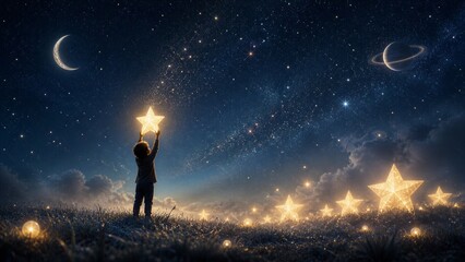 Naklejka premium Young child reaches toward a bright glowing star in a magical night sky filled with planets and celestial bodies.