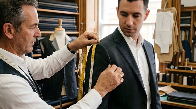 Professional tailor measuring a suit jacket for a client, showcasing custom fashion, precision fitting, menswear, craftsmanship, tailoring services, and elegant style.
