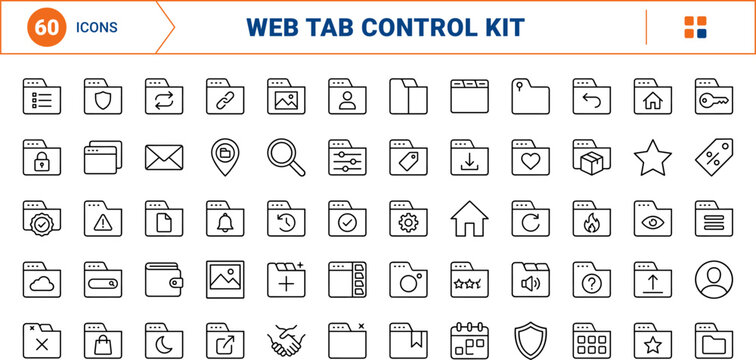 Closable tabs web browser tab controls line icon set. Vector pictograms of interface, website, kit, and management elements, thin linear illustration.