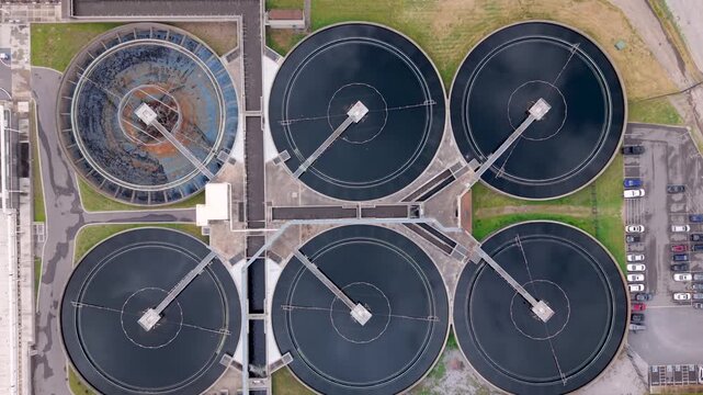 Aerial view of the Metro Water Services water treatment clarifiers with circular tanks and industrial infrastructure in Germantown, Tennessee, United States.