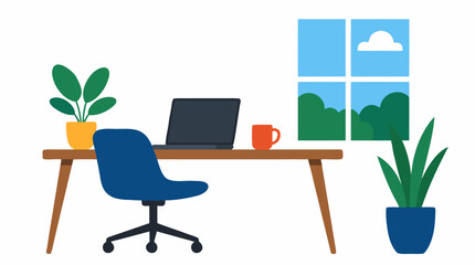 Fototapeta premium Minimalist home office workspace with wooden desk, blue chair, open laptop, coffee mug, houseplant, and sunny window view, clean flat vector illustration for remote work and productivity