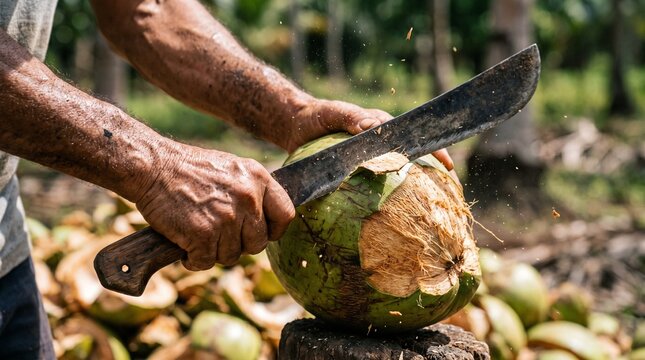Close up of a farmer's hands peeling a green coconut using a rusty machete