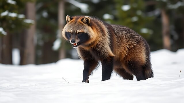 A wolverine snarling in deep snow with a soft-focus pine forest in the background.