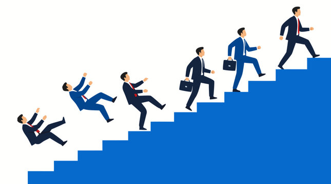 Group of businessmen climbing a staircase as some fall backward and others advance upward, illustrating career setbacks, resilience, competition, leadership, professional progress, and success