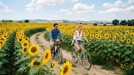 Fototapeta premium Happy couple cycling on a winding dirt path through endless blooming sunflower fields under a bright summer sky, romantic rural adventure, eco travel, wellness lifestyle and countryside freedom