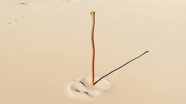 Weathered walking stick upright in vast sand, casting a long sharp shadow.
