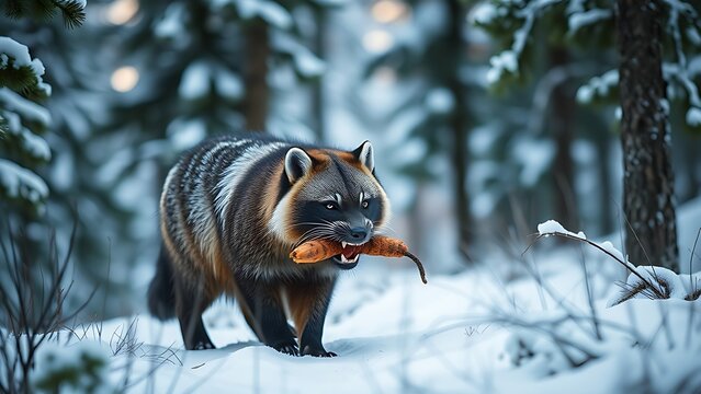 A wolverine in a snowy forest carrying prey in its mouth.