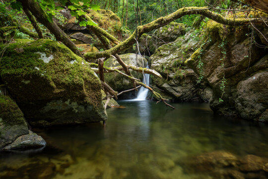 View of the waterfalls on the River Gorgua, Freans, in Ourense, Galicia, Spain.