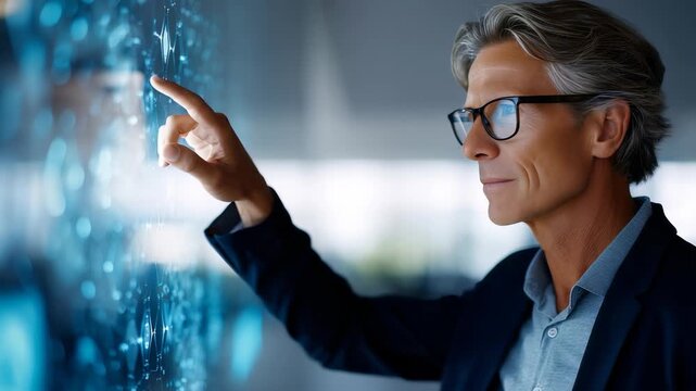 Confident senior businessman interacts with futuristic digital interface, analyzing data and making strategic decisions. Modern technology empowers professionals in innovative workspaces