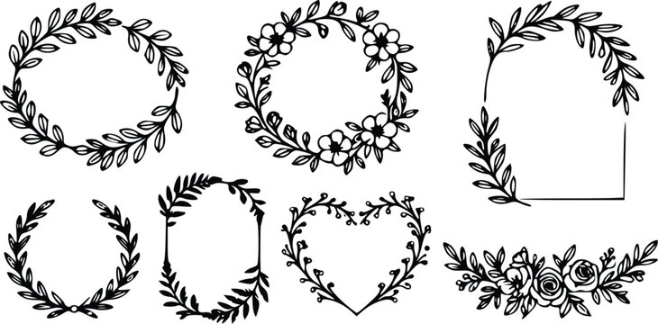 Set of hand drawn floral wreaths and frame designs with leaves and flowers for wedding invitations and greeting cards in simple black line art style