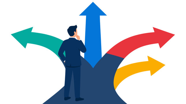 Thoughtful businessman standing at a forked road beneath colorful directional arrows, vivid flat vector illustration symbolizing decision making, career choices, strategy, uncertainty, opportunity,