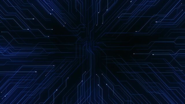 Dark blue circuitry motion visual electronic routes, sharp neon paths, convergence, deep technical space. tech intros, server clips, AI themes, data transfers, digital dashboards, cyber overlays.