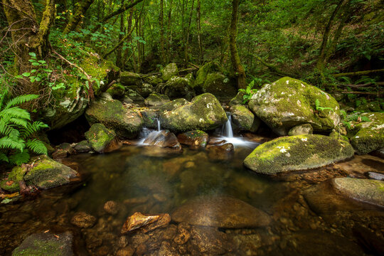 View of the waterfalls on the River Gorgua, Freans, in Ourense, Galicia, Spain.