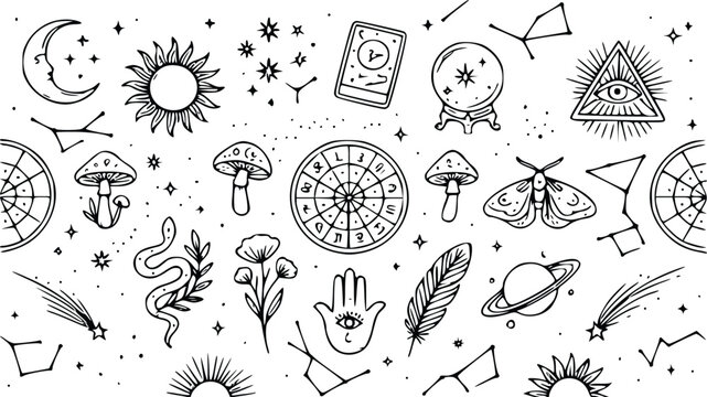 Set of hand drawn mystical and esoteric symbols including moon sun tarot cards crystal ball zodiac signs mushrooms moth snake and hamsa hand icons