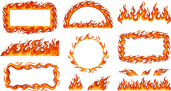 Set of different fire flame frames and decorative borders isolated on a white background for creative graphic design Vector