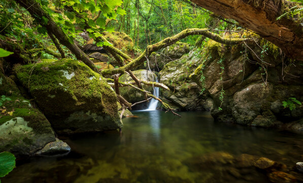 View of the waterfalls on the River Gorgua, Freans, in Ourense, Galicia, Spain.