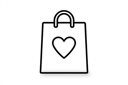 Heart icon on shopping bag: simple black outline on white background