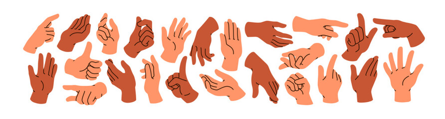 Fototapeta na wymiar Hands gestures set. Different poses, finger pointing, showing direction, touching and indicating, palm waving, fist, pinch and thumbs up signs. Flat vector illustrations isolated on white background