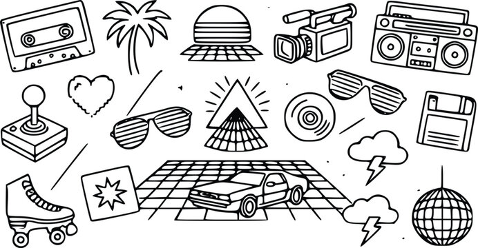 Retro eighties style doodle set featuring cassette tape palm tree boombox video camera joystick and sports car icons in hand drawn black line art