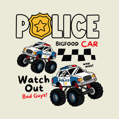 Colorful Police Monster Truck Cartoon Vector for Children and Nursery Design © atap