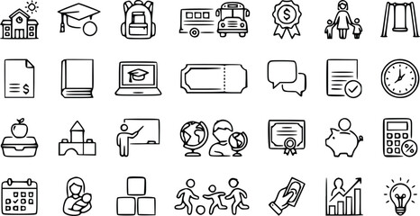 Set of hand drawn school and education icons including books blackboard school bus backpack and learning tools for students and classroom activities © Nimy_