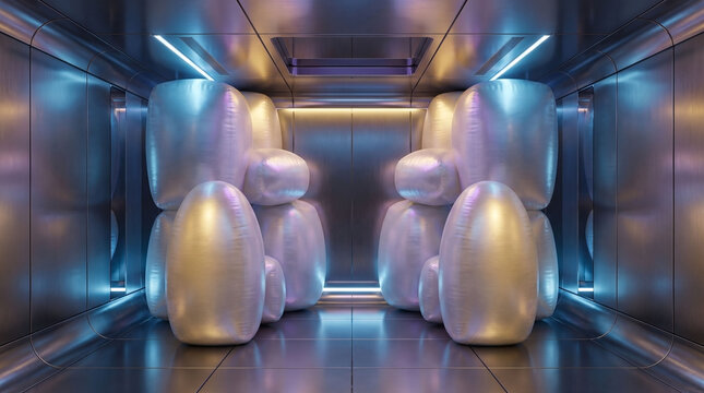 Futuristic iridescent monoliths inside a sleek metallic chamber