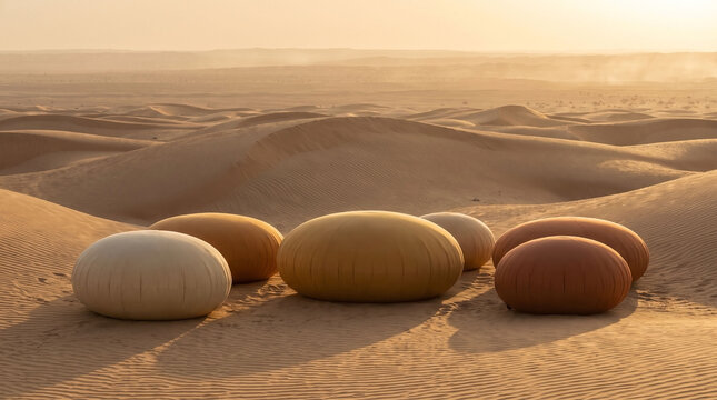 Surreal rounded monoliths in a vast desert landscape at sunset