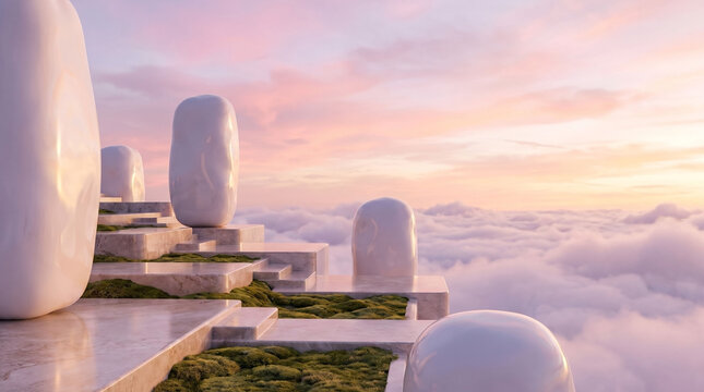 Surreal white monoliths on marble terraces above sunset clouds