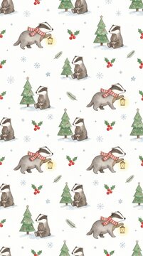 Cute Christmas watercolor pattern with badgers. Festive seamless background with woodland animals. Children's watercolor illustration with a badger character. Vertical Christmas wrapping paper design
